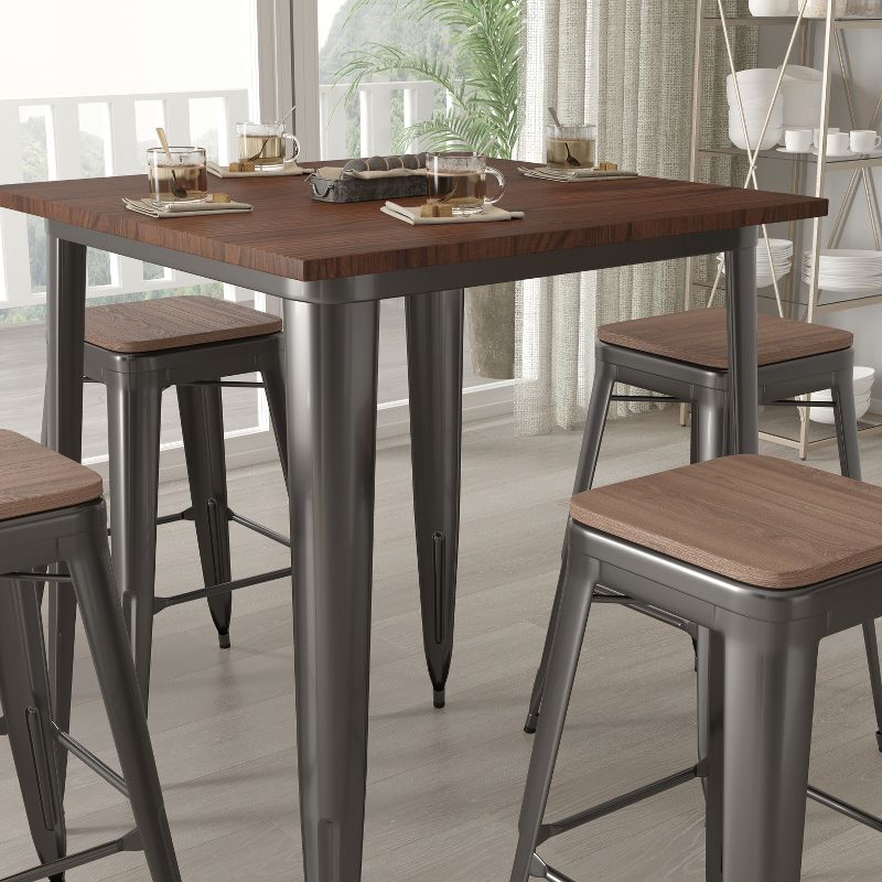 Merrick Lane 5 Piece Bar Table and Stools Set with 31.5" Square Black Metal Table with Wood Top and 4 Matching Bar Stools, 4 of 5