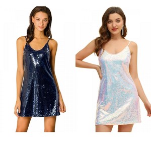 Allegra K Women's Glitter Sequin Spaghetti Strap V Neck Cocktail Sparkly Mini Dress 2 Packs - 1 of 4