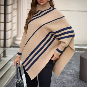 Clearlove Women's Asymmetrical Striped Half-High Mock Collar Bat Sleeve Pullover Knitted Sweater Top - 1 of 4