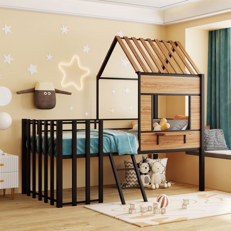 Metal Twin Size Loft Bed with Roof, Windows, Railing and Ladder - ModernLuxe, 1 of 10