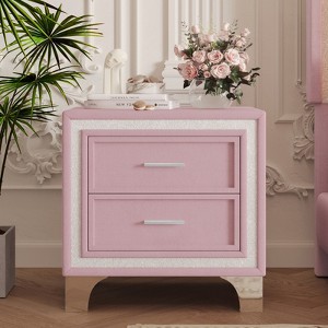 FONTOI Mid Century Vintage Nightstand with Silver Glitter Strip Decor and Legs, Bedside Table with 2 Drawers for Bedroom, Pink, 15.9"*21.7"*21.8" - 1 of 4