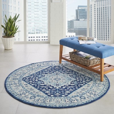 Ivory & Navy Vintage Kashan Round Area Rug, 5'3" Easy-Care Viscose