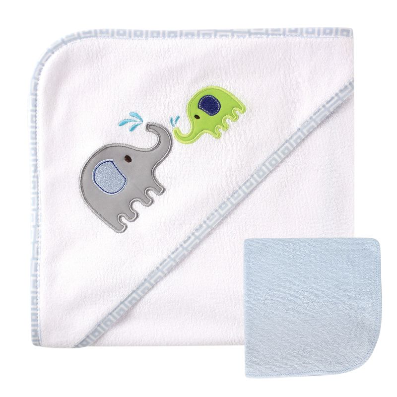 Luvable Friends Baby Boy Hooded Towel and Washcloth, Blue Elephant, One Size, 1 of 3