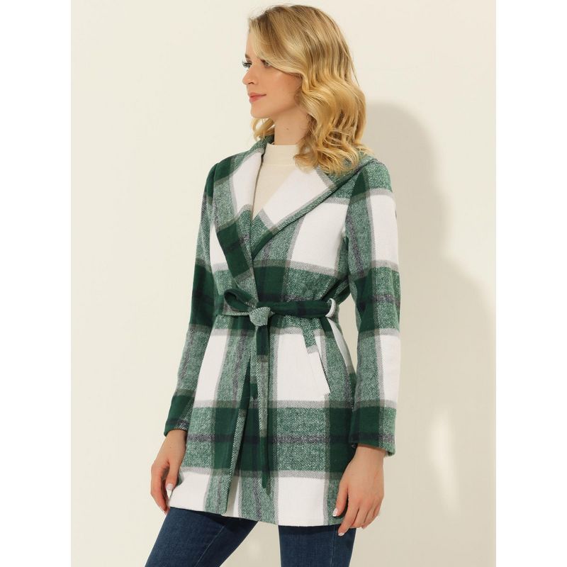Allegra K Women's Shawl Collar Check Belted Wrap Plaid Coat with Pockets, 3 of 6