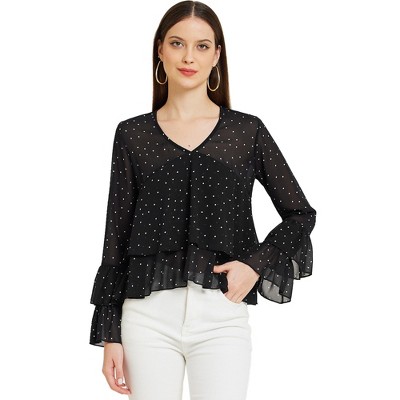 Allegra K Women's Polka Dots V Neck Long Sleeve Flouncing Casual Blouse