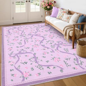 Floral Rugs for Living Room Bedroom Washable Bow Pattern Area Rug Non Slip Low Pile Indoor Home Decor Carpet - 1 of 4