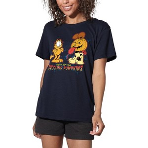 Women's Garfield Drooling Pumpkins Loose T-Shirt Navy - 1 of 4
