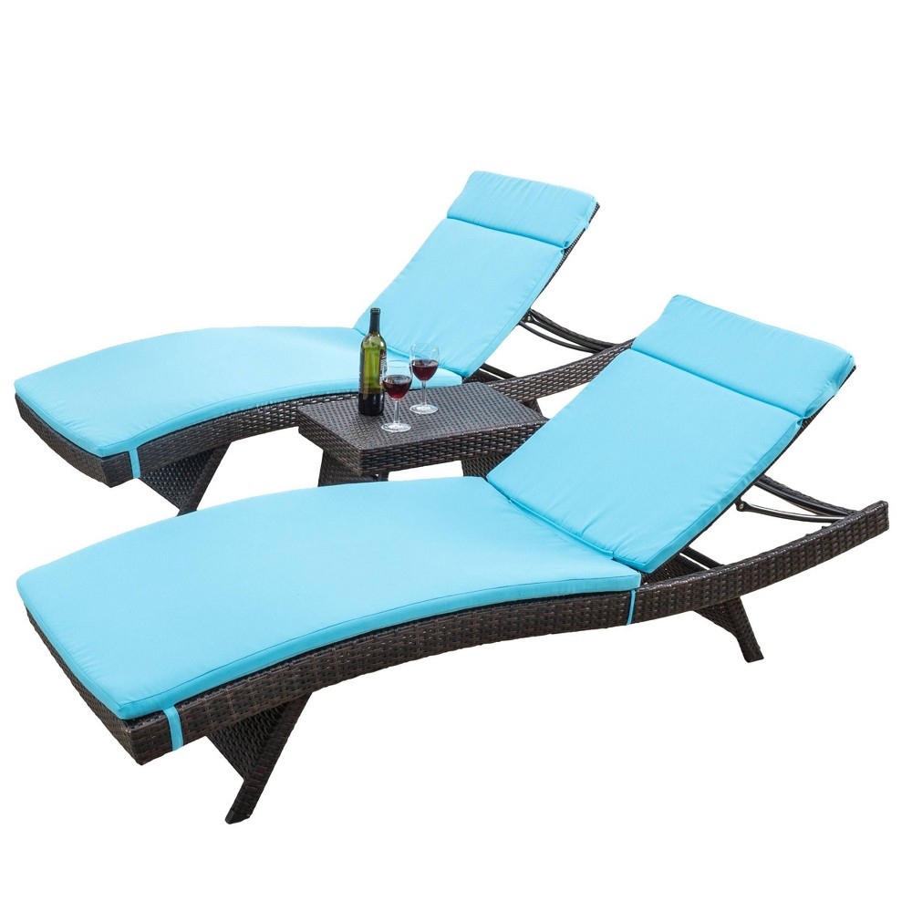 Luana 3pc Wicker Patio Adjustable Chaise Lounge Set with Cushions - Blue - Christopher Knight Home: Foldable, Iron Frame, Weather-Resistant