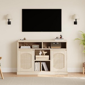 Jojoka 2-Door Rattan-Decorated Sideboard Buffet Cabinet with Adjustable Shelves – Multifunctional Modern Wood Credenza and Coffee Bar Console - 1 of 4