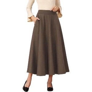 Women's Plaid Wool Skirt - Elastic Waist A-Line Pleated Tartan Long Skirt Long Pure Khaki - 1 of 4