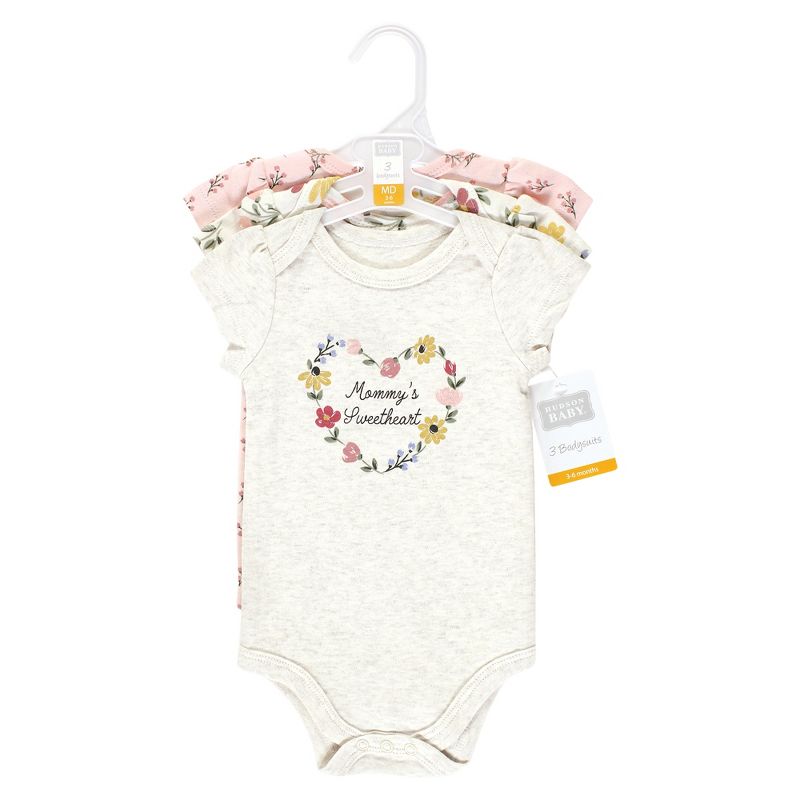 Hudson Baby Infant Girl Cotton Bodysuits, Soft Painted Floral 3-Pack, 2 of 6