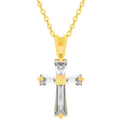 Slickblue Goldtone Baguette Cross Pendant Necklace, 2.12 Carat Cubic Zirconia, 16” Chain for Religious Gifts