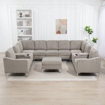 Aortzio 132.48"W Corduroy Sofa U Shaped Couch Modular Sectional Sofa Storage Couch Livingroom Couch Sofa With Movable Storage Ottoman