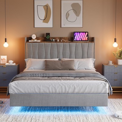 King Floating Bed Frame with LED Lights & Charging Station, Upholstered Platform Bed with Storage Headboard