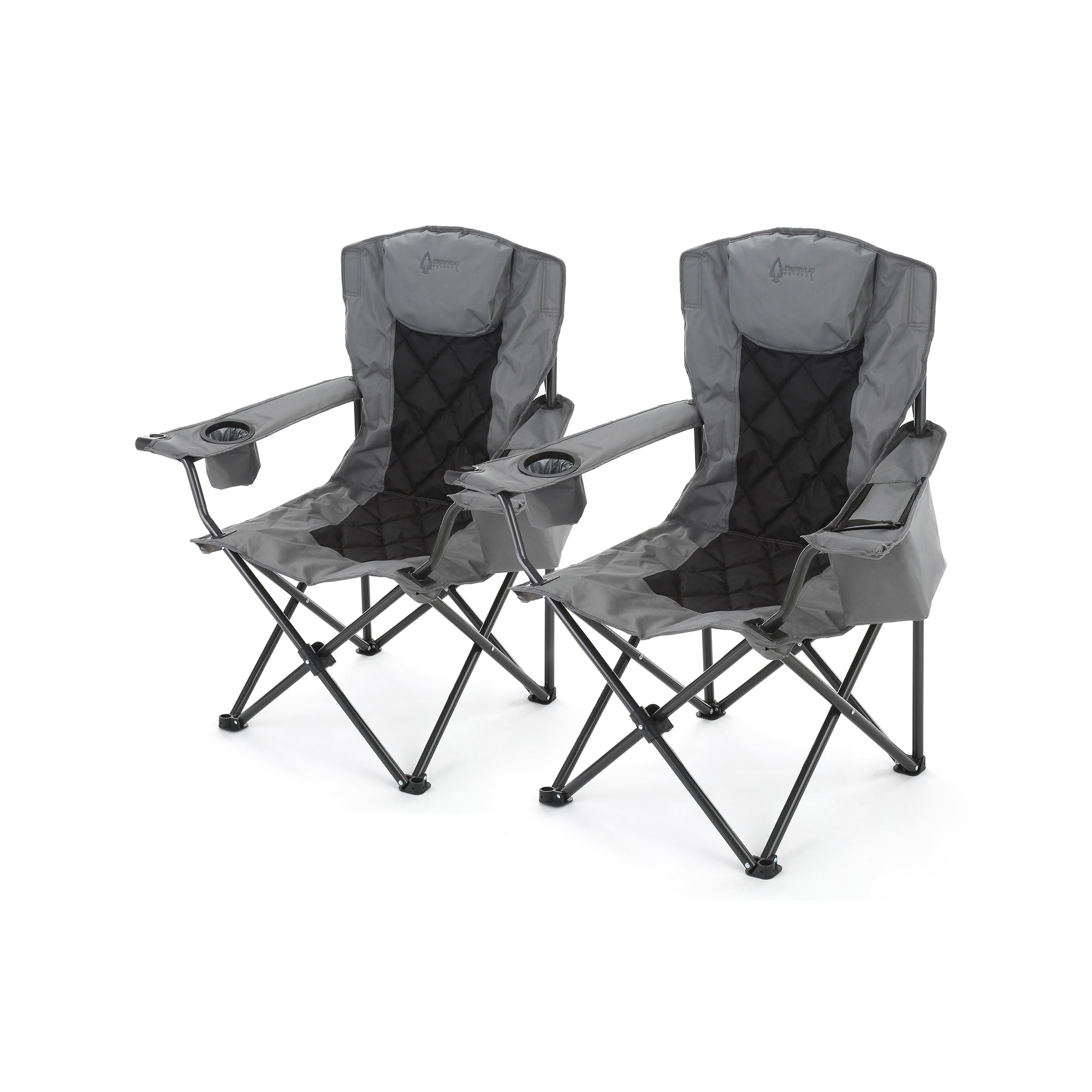 ARROWHEAD OUTDOOR 2-Pack Folding Camp Chair w/ Headrest, Cup & Wine Glass Holder, Armrest 6-can Cooler, Carry Bag, 550 lbs Capacity (Granite Grey)
