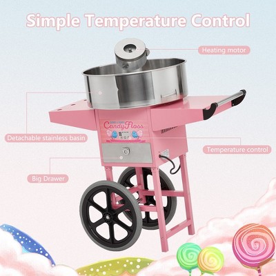 Commercial Electric Cotton Candy Maker with Cart, 20-inch Stainless Steel Bowl, perfect for family, parties, amusement parks, and carnivals - Pink