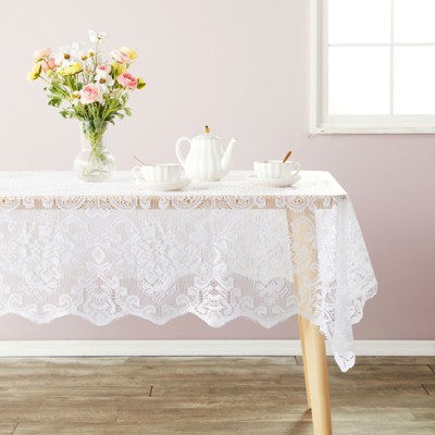 White Lace Rectangular Tablecloth with Floral Patterns, 54x72 in