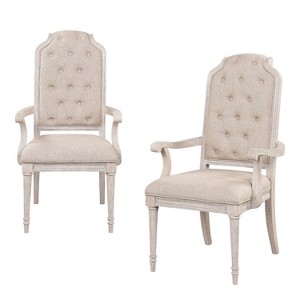 HomeRoots Set of Two Tufted Antiqued White and Champagne Upholstered Fabric And Solid Wood Dining Arm Chairs - 1 of 4