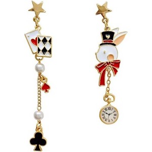 Queen of Hearts Poker Earrings, Asymmetric Red Heart with Rabbit & Clock Dangle, Unique Playing Card Jewelry for Women. - 1 of 4