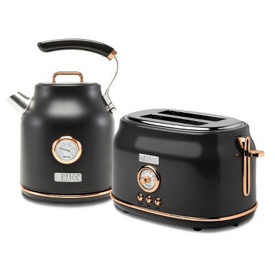 Haden Dorset 1.7 Liter Stainless Steel Electric Kettle with 360-Degree Base Bundled with 2 Slice Wide Slot Stainless Steel Toaster, Black & Copper
