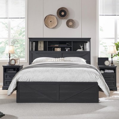 SinCiDo Farmhouse Full Size Bed Frame, w/52" Tall Storage Bookcase Headboard，Charging Station&LED Light, Drawers, No Box Spring Needed, Noiseless