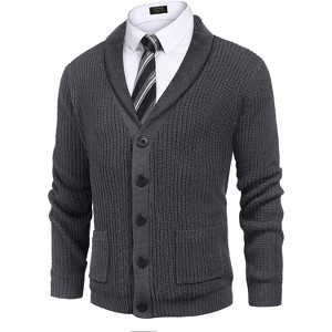 COOFANDY Men's Shawl Collar Cardigan Sweater Slim Fit Cable Knit Button up Sweater with Pockets - 1 of 4