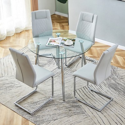5-Piece Dining Set with Tempered Glass Round Table and 4 PU Armless Chairs