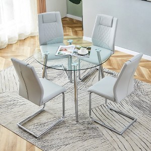 5-Piece Dining Set with Tempered Glass Round Table and 4 PU Armless Chairs - 1 of 4