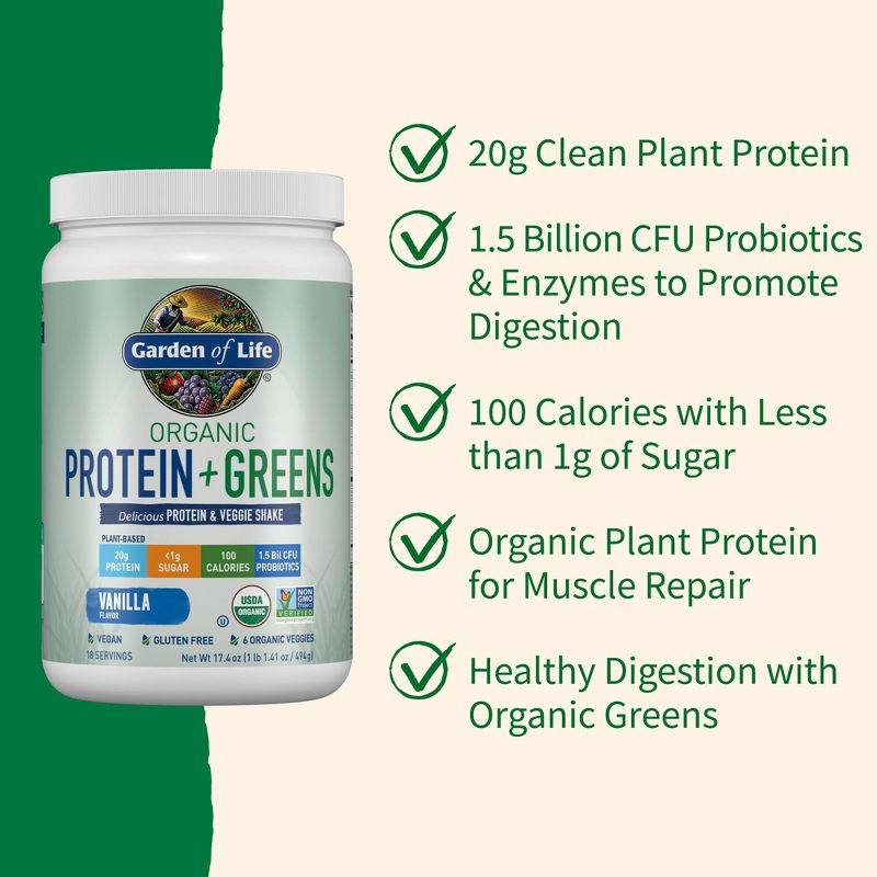 Garden of Life Organic Vegan Protein + Greens Plant Based Shake Mix - Vanilla - 17.4oz, 4 of 11