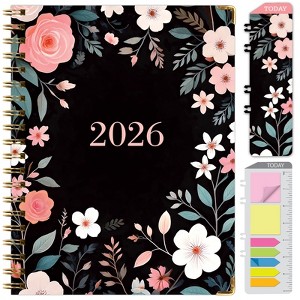 HARDCOVER 2026 Planner, 8.5"x11": 14 Months (Nov 2025-Dec 2026), Daily/Weekly/Monthly,  Bookmark, Pocket Folder w Sticky Notes (Black Floral Pink) - 1 of 4