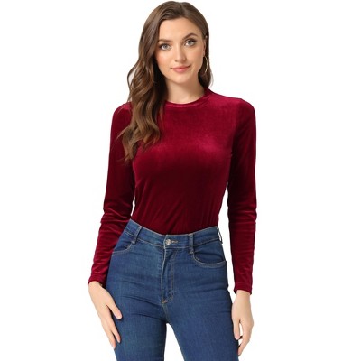 INSPIRE CHIC Women's Solid Round Neck Stretchy Long Sleeve Velvet Blouse