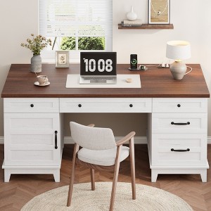60" Executive Desk with Power Outlet, Home Office Desk with Drawers, Wooden Work Desk with File Cabinet, Computer Desk for Work, Study, Writing - 1 of 4