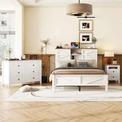 Full Size Bedroom Set with Farmhouse Platform Bed, Sliding Barn Door Headboard, USB Charging, Nightstand and 6-Drawer Dresser-Maison Boucle