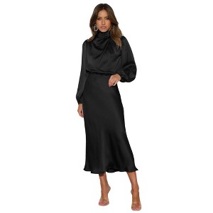 Coolmee Women's Maxi Dress Long Puff Sleeve Mock Neck High Waist Ruched Slim Elegant Long Satin Formal Dress for Wedding Guest Cocktail - 1 of 4