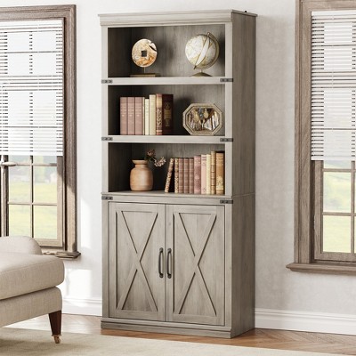 Farmhouse Bookcases with Doors, 5 Tier Bookshelf with Storage, 70 inch Tall Bookshelf and Bookcase, Wooden Storage Cabinet for Living Room