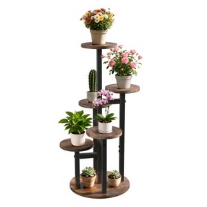 UNHO 5 Tier Tall Corner Plant Stand Flower Pots Organizer Rack Metal Frame Planter Shelf with Round Tray for Home Balcony Patios Garden - 1 of 4