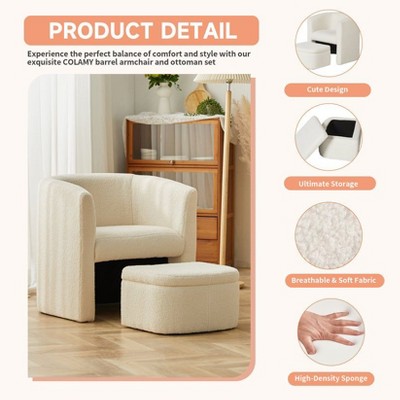 Cream Velvet Barrel Accent Chair with Storage Ottoman