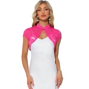 INSPIRE CHIC Women's Lace Stand Collar Pearl Button Short Sleeve Cropped Shrug - 1 of 4
