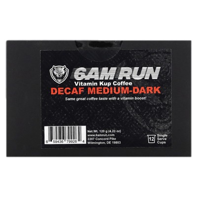 6AM Run Vitamin Kup Coffee, Medium-Dark, Decaf, 12 Single Serve Cups, 4.23 oz (120 g)