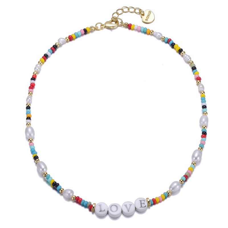 14k Yellow Gold Plated Multi Color Beads Necklace with Freshwater Pearls and Love Tag in Circular Charms for Kids, 1 of 3