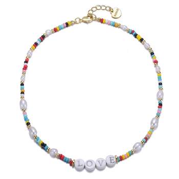 14k Yellow Gold Plated Multi Color Beads Necklace with Freshwater Pearls and Love Tag in Circular Charms for Kids