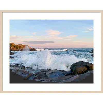 Crashing Waves Ocean Scene 41"x33" Brown Wood Framed Wall Art