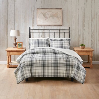 Full Gray Plaid Faux Fur Down Alternative Comforter Set