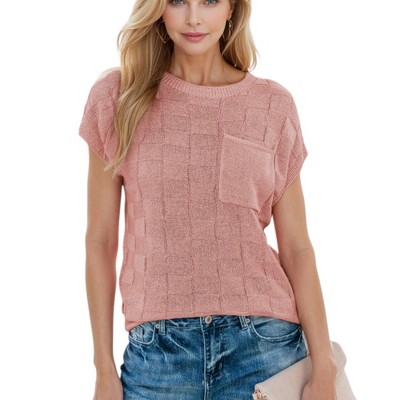 Amaryllis Women's Sleeveless Checkerboard Knit Top with Chest Pocket Relaxed Fit Casual Wear