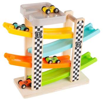 Toy Time Ramp and Colorful Racecar Set- Wooden Car Racer with 4 Colorful Cars with Moving Wheels