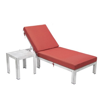 LeisureMod Chelsea Modern Outdoor Weathered Grey Chaise Lounge Chair With Side Table and Cushions