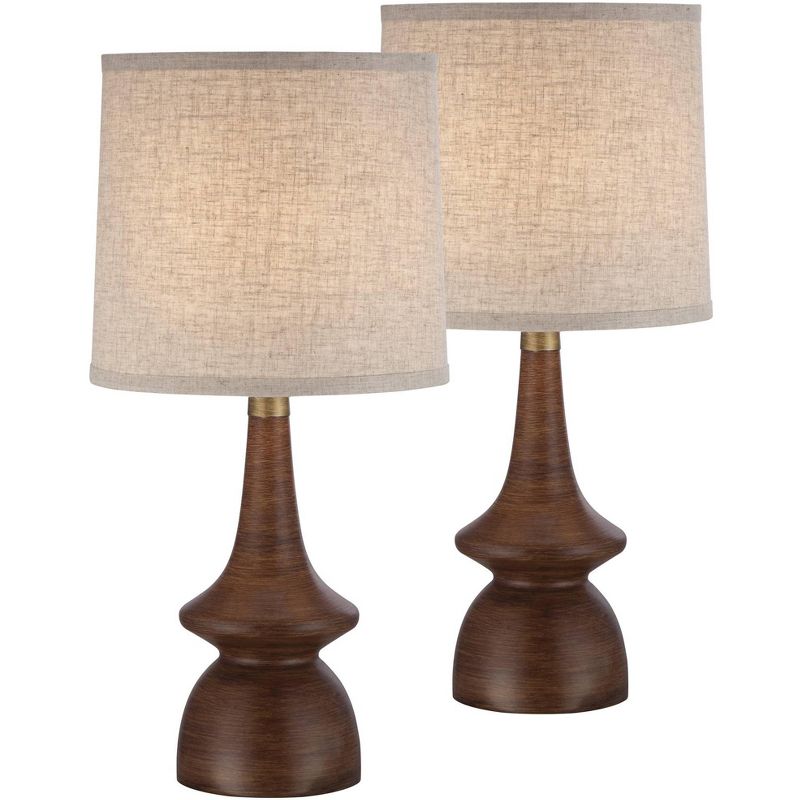 360 Lighting Mid Century Modern Table Lamps 24" High Set of 2 Walnut Faux Wood Brass Off White Drum Shade for Bedroom Living Room House Home Bedside, 1 of 6