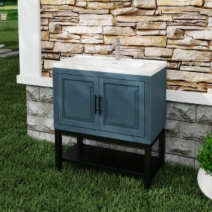 Lyngins Bathroom Vanity with Sink & Aluminum Gunmetal Faucet, Freestanding Bathroom Cabinet with Storage Doors & Open Iron Shelf for Outdoor-Ready - 1 of 4