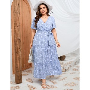Coolmee Women Plus Size Casual Ruffle V Neck Short Sleeve High Waist Wrap Maxi Dress With Belt - 1 of 4