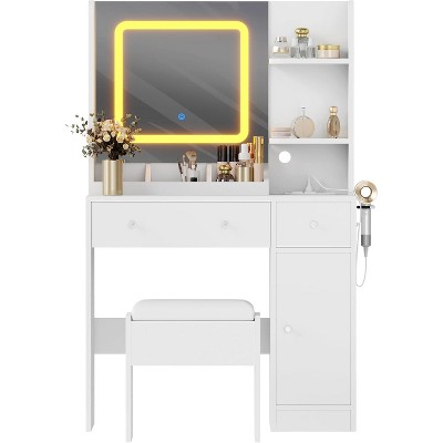 Vanity Desk with Mirror, 3 Lighting Modes Makeup Table with Charging Station, 3 Drawer, 3 Open Shelves and a Cabinet